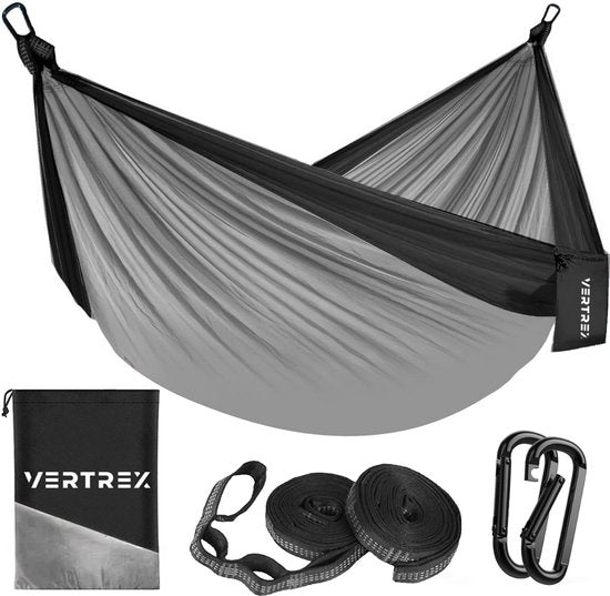 Vertrex Hammock Pro Hängematte mit Gurt und Karabiner für Hängematten - 270 x 140 cm - Max 200 kg - Grau/Schwarz