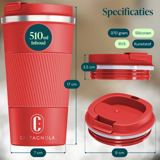 Castagnola Thermos Cup - Kaffeebecher To Go - Reisebecher für Kaffee und Tee - Teebecher - 510 ML - Edelstahl - Rot