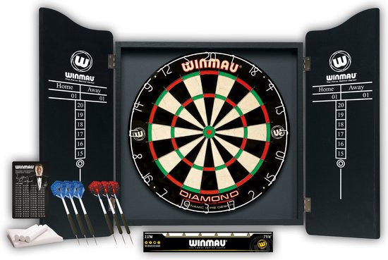 WINMAU - Professionelles Dart-Set mit Diamond Plus Bristle Dartscheibe, schwarzes Gehäuse, mit 2 Dart-Sets und offizieller Oche-Linie