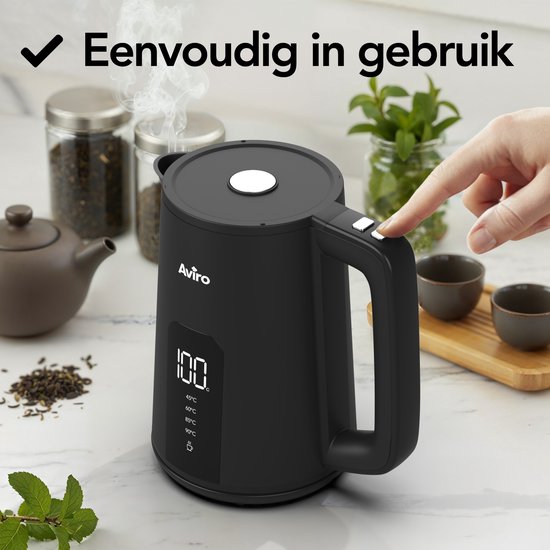 Aviro Wasserkocher mit Temperaturregelung - Heizfunktion - 1.7L - Edelstahl - Doppelwandig - Elektrisch - 2000W - Schwarz