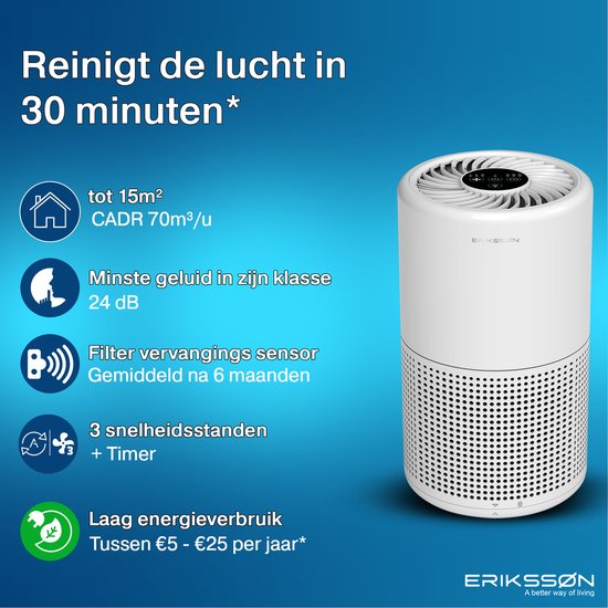 Erikssøn Luftreiniger Prime - Weiß - 70 m3/h - Hilft gegen Staub und Heuschnupfen und Allergien - Mit Hepa-Filter - Luftreiniger