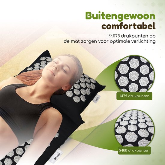 Amati Blue Lotus Nail Mat - mit Kissen - Massage Roller & Ball - Akupressur Matte - Shakti Mat - Schwarz