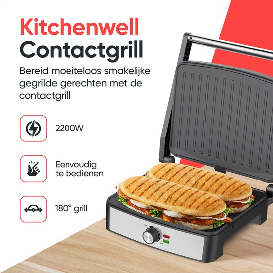 Kitchenwell Kontaktgrill - Grillgerät - Toastgerät - Antihaft - 3-in-1 -180 °C Grill