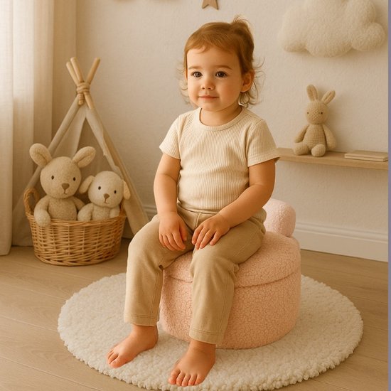 Ceruzo Kindersessel - Rosa Aufbewahrungsstuhl - Teddy Boucle- Weiche Rückenlehne- Ø 35 -H28 cm