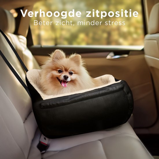 CozySense® Hundeautositz - Hundekorb Auto für kleine Hunde - Vorder- und Rücksitz - mit Sicherheitsgurt, Staufach und waschbarem Bezug - Schwarz/Beige