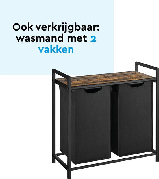 BRASQ Wäschekorb 3 Fächer - Wäschesortierer 114 Liter - Ausziehbar mit Regal 92,5x33x71 cm - Wäschebox Schwarz Metall - Braunes Holz - Korb