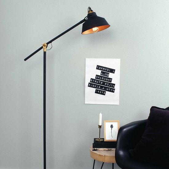 Schwarze Stehlampe Nove 1322ZW - Dreh- und schwenkbare Industrielampe mit goldenen Details, E27-Fassung, Metall und Kunststoff - Mexlite