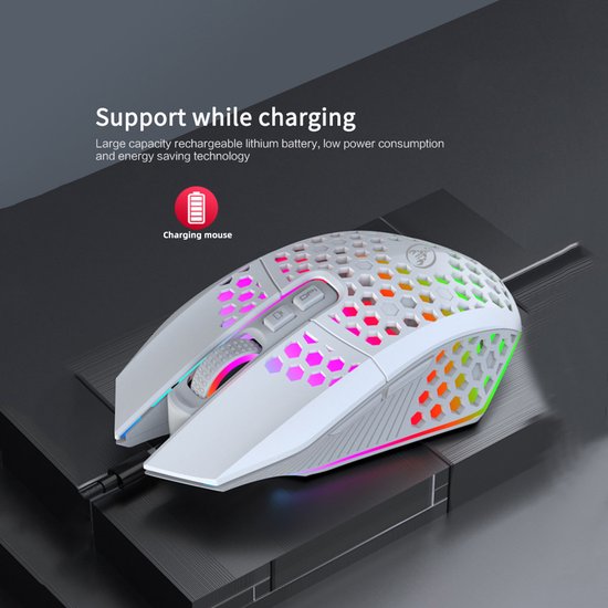 HXSJ T500 - Kabellose Gaming-Maus - Ultraleicht - RGB-Beleuchtung - Hellweiß