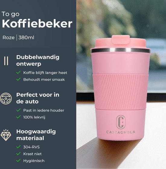Castagnola Thermos Cup - Kaffeebecher To Go - Reisebecher für Kaffee und Tee - Teebecher - 380 ML - Edelstahl - Pink
