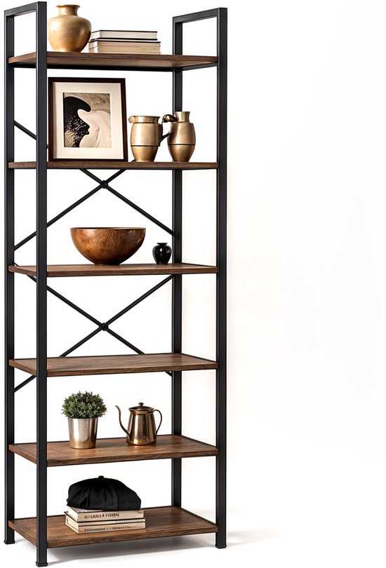Goliving Bücherregal - 66 x 30 x 186 cm - 6 Lagen - Aufbewahrungsschrank - Wandschrank - Bücherregal - Ausstellungsschrank - Regalschrank - Wohnzimmerschrank - Industriell - Braun/Schwarz