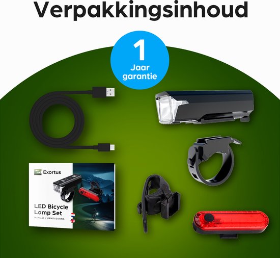 Exortus® Wiederaufladbares LED-Fahrradbeleuchtungsset – Fahrradlicht-Set in Weiß und Rot – Fahrradlampe, geeignet für jedes (Renn-)Fahrrad – Akkustandsanzeige – Sturzfest & wasserdicht – Mit Lichtsensor-Modus – Auch als Taschenlampe verwendbar
