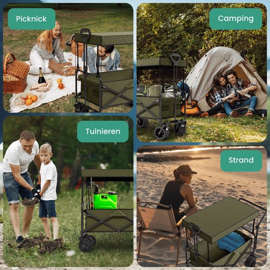 Avalo Bolderkar mit Dach XL faltbar - bis zu 110KG Tragfähigkeit - 120L - 97x60x105 CM - 360º Räder - Bolderwagen / Bolderwagen / Strandwagen / Trekkingwagen / faltbarer Bolderkar - Für Strand - Grün