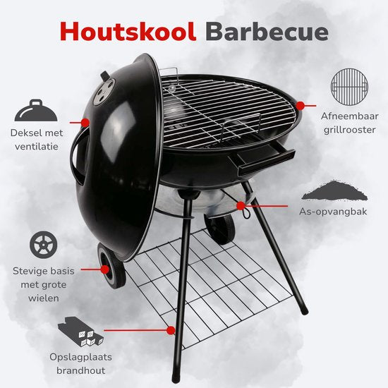 alpina Charcoal BBQ - Kugelgrill Ø43 cm - Grill mit Deckel und Rädern - Integriertes Belüftungssystem - Herausnehmbare Aschenschale - Schwarz