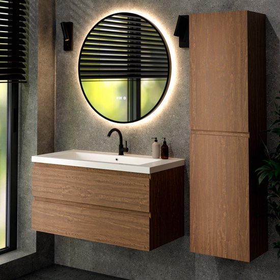Mirlux Badmöbel Eiche Warm 100 cm - Waschbecken Weiß - Badmöbel-Set - Waschbeckenschrank Eiche Warm