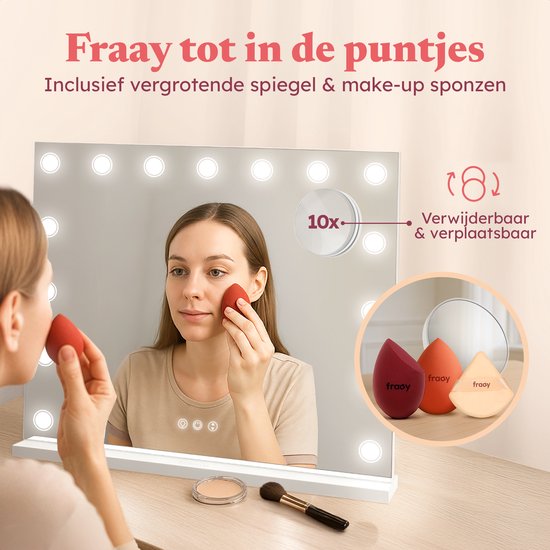 Fraay® Hollywood Spiegel mit Beleuchtung 60x50cm - 3 Lichtmodi - Make-up Spiegel mit 10-facher Vergrößerung Spiegel - LED Dots Beleuchtung dimmbar - Inkl. 2 Beauty Blenders und Puderquaste