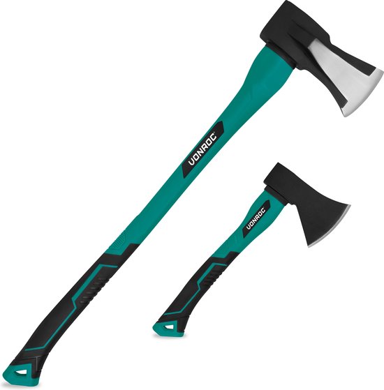 VONROC Spaltaxt und Handbeil-Set - Kopf aus gehärtetem Stahl - Stiel aus Fiberglas - 79cm - 3900gr/35cm - 950gr