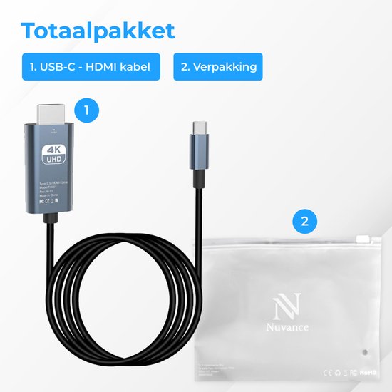 Nuvance - USB C zu HDMI Kabel - 2 Meter - 4K Ultra HD - Geeignet für Telefon, Tablet, Laptop, PC, Beamer & Monitor