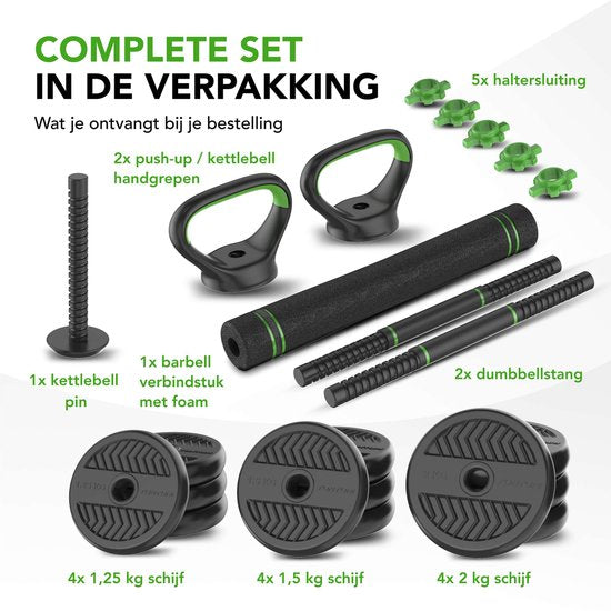 Tunturi Kurzhantelset und Kurzhanteln Vinyl 20 kg - Hantelset mit Kettlebell und Langhantel - Liegestützstützen - Schraubverschluss 30 mm - Anti-Rutsch-Griff