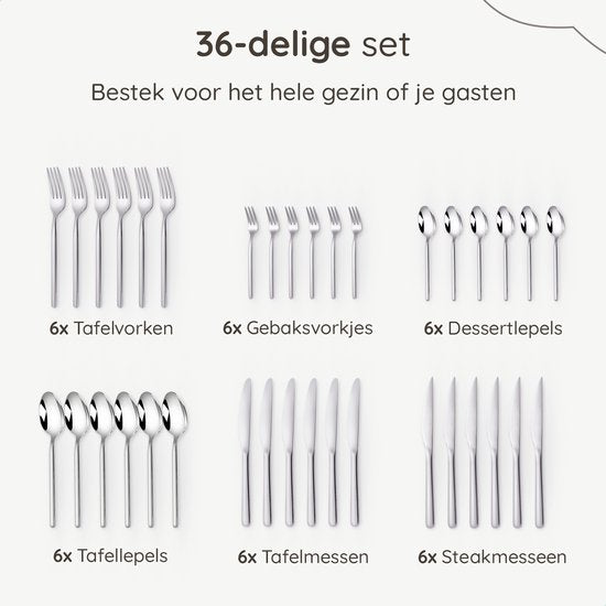 Deleca 6 Personen Luxus-Edelstahl-Besteck-Set Amor (36 Teile) - Löffel, Messer, Gabeln, Steakmesser & Kuchengabeln - spülmaschinenfest - Silbernes Design-Besteck - 18/0 Edelstahl