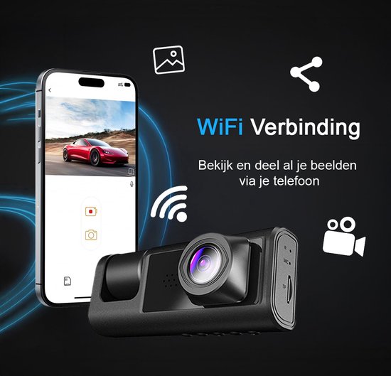 Tech Essentials® Dual Dashcam S1-Wifi für Auto - Mit Rückfahrkamera Universal - Full HD - Mit 64GB Micro SD Karte - Mit Nachtsicht - APP | Vorne und hinten