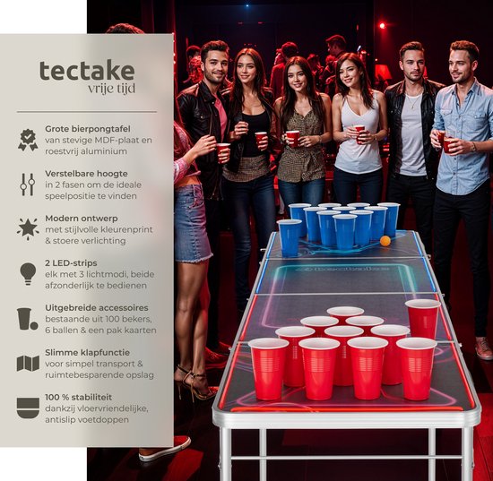 tectake® Bier-Pong-Tisch - Mit Partydekoration - LED-Beleuchtung - Bier-Pong-Tisch höhenverstellbar und klappbar - Trinkspiel mit Zubehör - 100x Plastikbecher, 6x Tischtennisbälle, Kartenspiel mit Karten