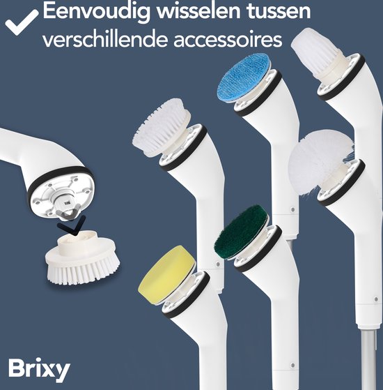 Brixy Elektrische Reinigungsbürste - Ausziehbare Schrubberbürste - Kabellos - 8 Aufsätze - Schrubber - Weiß