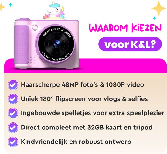 K&L Digitale Kinderkamera Kinder 32GB - Kinder Vlog Kamera - Kinderkameras Digital - Fotokamera Kinder - Kinderkamera