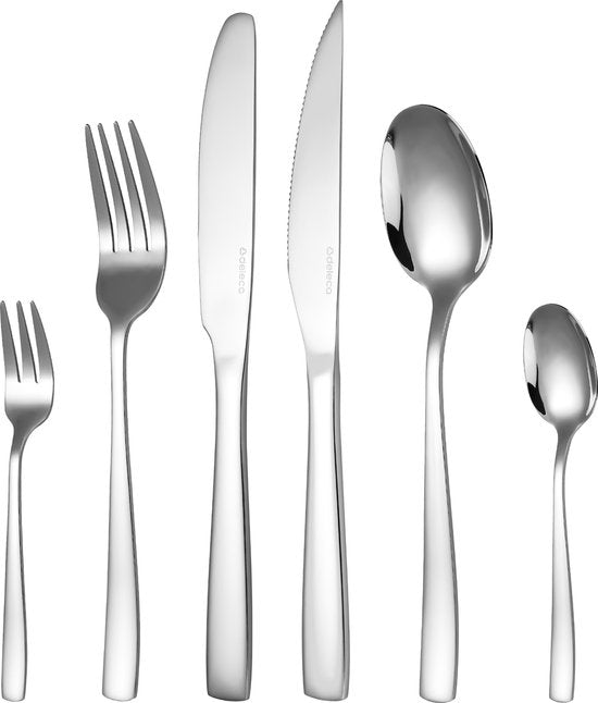 Deleca 6 Personen Besteckset Essential (36 Teile) - Löffel, Messer, Gabeln, Steakmesser & Kuchengabeln - Spülmaschinenfestes Besteck - Glänzend Silber / Edelstahl