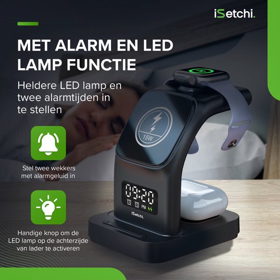 iSetchi MagSafe 5-in-1 Wireless Charger (15W USB-C Schnellladegerät) - Mit LED-Lampe, Digitaluhr & Weckfunktion - Geeignet für iPhone, Apple iWatch & Airpods - Wireless Qi Station - GSM Ladegerät