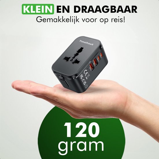 Travelhawk World Plug mit 2x USB-C und 2x USB Port - Reisestecker - USB Stecker - Internationaler Reisestecker für 150+ Länder - Amerika (USA) - England (UK) - Australien - Asien - Südamerika - Afrika - Weltstecker - Schwarz