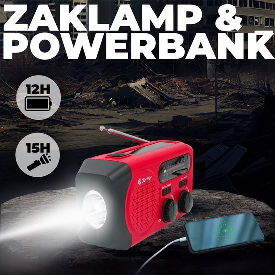 Denver Notfall-Radio - Solar-Powerbank - FM-Radio - Notfall-Kit - Taschenlampe - Wind-up - SOS-Taste - Solar-Powerbank - SCR2010