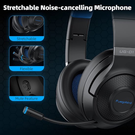 Fuegobird UG-01 2,4GHz Drahtloses Gaming-Headset - Bluetooth-Kopfhörer - Multiplattform - Geeignet für PS4/PS5, Nintendo Switch - Schwarz Blau