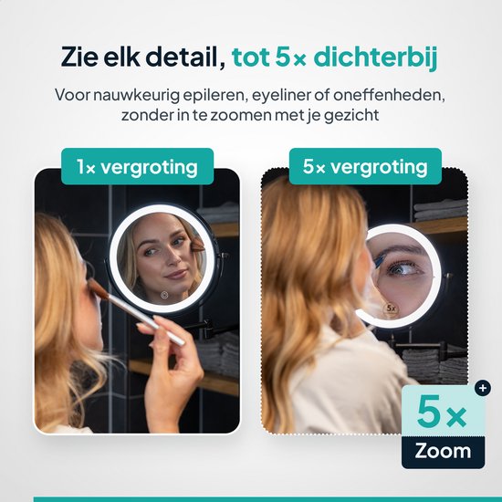 Mirlux Make-up-Spiegel mit Led-Beleuchtung - wiederaufladbar - 5-fache Vergrößerung - Vergrößerungsspiegel mit Licht - Rasierspiegel - Badezimmerspiegel - Schwarz