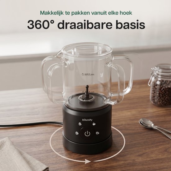 Kitchify Milchschaumer aus Glas – Elektrischer Milchschaumer – Mit Ausgießer – 4-in-1 – Milk Frother – Schwarz