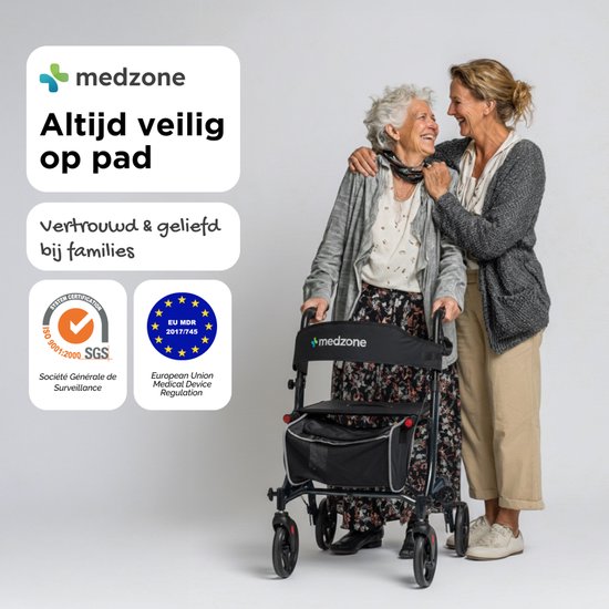 Medzone Rollator leicht und faltbar - für drinnen und draußen - Sitzfunktion - Rückenlehne und Gehstockhalterung - Schwarz