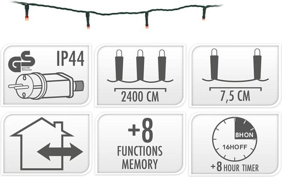 Weihnachtsbeleuchtung 320 LEDs – 24 m – rot – Timer – Lichtfunktionen – Speicher – Außen – Innen
