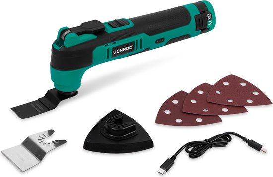 VONROC Akku-Multitool 12V - mit Spachtel, Tauchsägeblatt, Schleifblock und Schleifpapier - Inkl. Akku und USB-Kabel