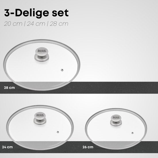 Savoré Kitchen Pfannendeckel-Set 3-teilig - Deckel für Bratpfanne Ø 20, 24, 28 cm - Edelstahl - Glas