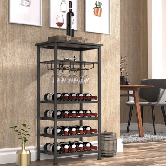 Weinregal Industriedesign Weinschrank schwarz - Regal zur Lagerung von 20 Flaschen mit Glashalter - 50 x 32 x 100 cm