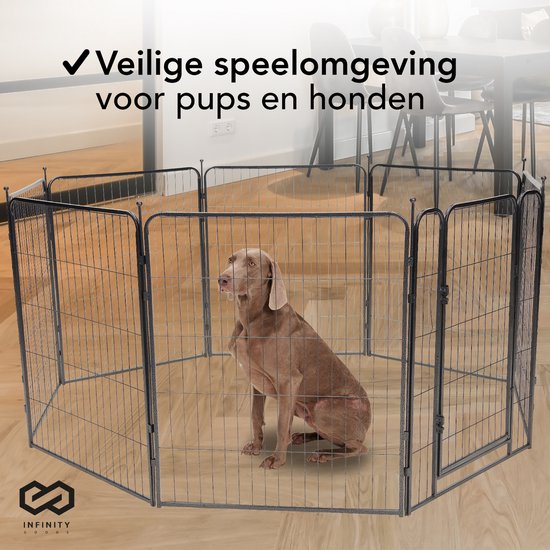 Infinity Goods Hundeauslauf - Welpenauslauf - 8 Paneele - 80 x 80 CM - 640 CM Umfang - faltbar - mit Tür - Stahl - Schwarz