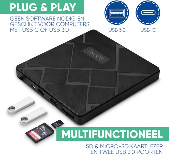 Serve 4-in-1 Externer CD / DVD Player & Brenner für PC, Laptop & Mac iOS - Plug & Play - SD & Micro SD Kartensteckplatz + USB Hub