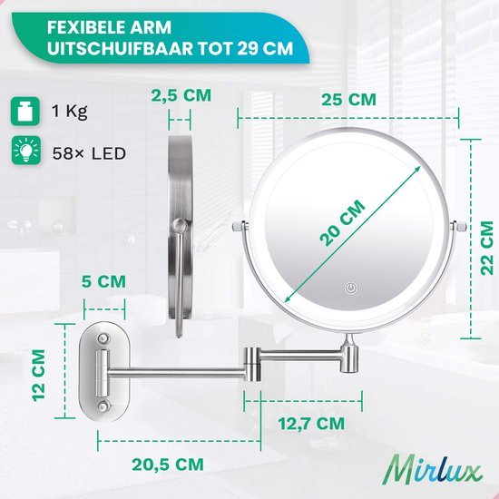 Mirlux Make-up-Spiegel - Mit LED-Beleuchtung - 5fache Vergrößerung - Rasierspiegel