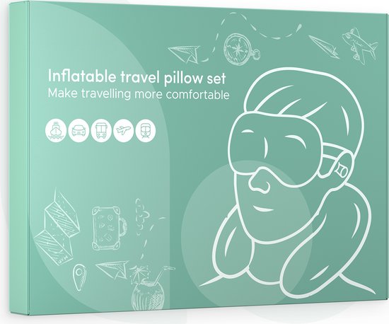 Aufblasbares Nackenkissen Set 3 in 1 mit Aufbewahrungsbeutel - Flugzeugkissen - Reisekissen - Samt - U-Form - Inklusive Schlafmaske und Ohrstöpsel - Blau