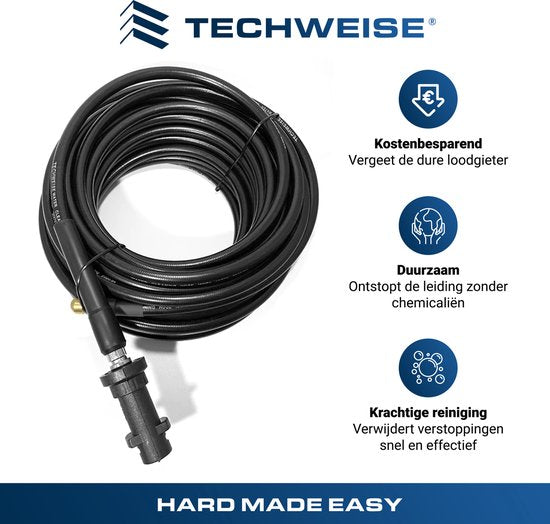 Techweise - Kanalisationsschlauch passend für Kärcher K2 bis K7 - 20M - Mit 4 rückwärtigen Hochdruckdüsen