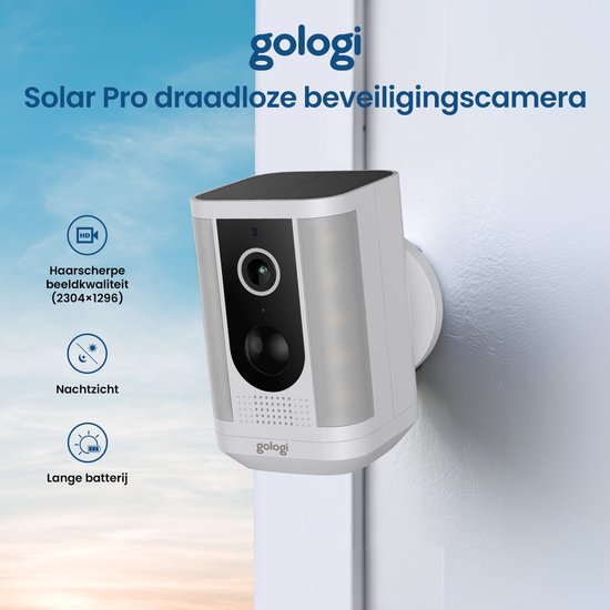 Gologi Solar Pro Outdoor-Sicherheitskamera - 5200 mAh - Nachtsicht - Bewegungserkennung - Überwachungskamera - Solarpanel - Drahtlos - USB-C - WiFi und App - Weiß