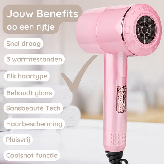 Sansbeauté® Haartrockner mit Diffusor - Ionen-Haartrockner - Bürste - Reise-Haartrockner - 3 Aufsätze - Locken - Coolshot - 3 Stufen - Haartrockner mit Diffusor - Haartrockner - 2000W - Pink