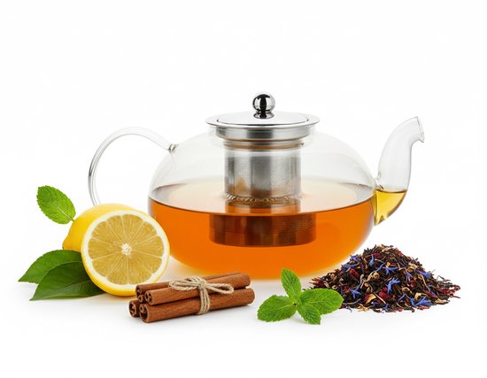 Vaja® Glas-Teekanne mit Edelstahlfilter - 1,4 Liter - Tee-Ei - Für losen Tee / Teeblumen - Weihnachtsgeschenk - Borosilikatglas-Tropfschutz-Ausguss