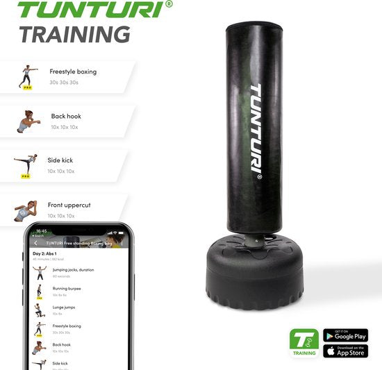 Tunturi Standing Boxing Bag - Freistehende Boxstange - Leicht beweglich - 180 cm hoch - Mit Sand, Kies oder Wasser befüllbarer Boden - Inkl. Fitness-App - Schwarz