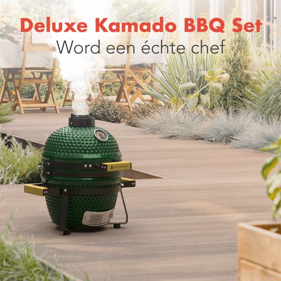 KitchenBrothers Kamado BBQ - 13 Zoll Holzkohlegrill - 27⌀ cm - PFAS-frei - Deluxe Set - Eiergrill mit Zubehör inklusive Abdeckung - Grün