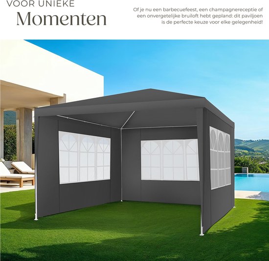 tectake - Pavillon Barinas - Partyzelt 3x3 m - Wasserdichte Plane mit 3 abnehmbaren Seitenwänden - Wetterfester Gartenpavillon - Inklusive Spannleinen und Heringe - Grau